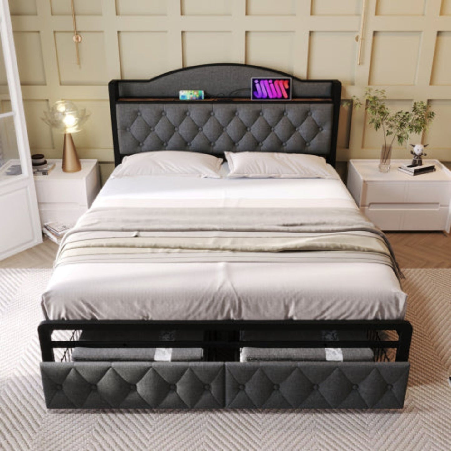 Grey Upholstered Double Bed-USB Type C Charging, Storage Drawers, Slatted Metal Frame