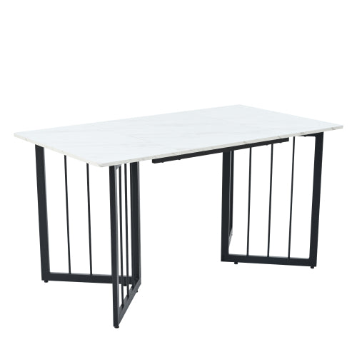 (p) Modern Marble Table-Sleek White, V-Shaped Metal Legs, Adjustable Feet, Black Accents