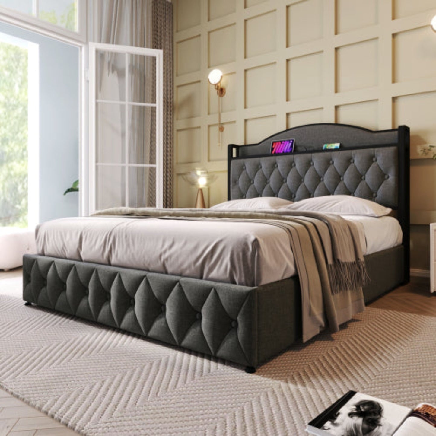 Grey Upholstered Double Bed with USB Charging, Storage, Slatted Metal Frame -Mattress Not Included