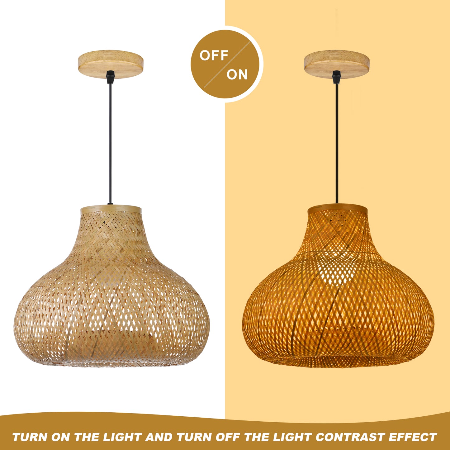 (Q)15.75 Inch Hand Woven Rattan Pendant Light, Bohemian Style Rattan Pendant Light, Suitable for Dining Rooms, Kitchens, Islands, Living Rooms