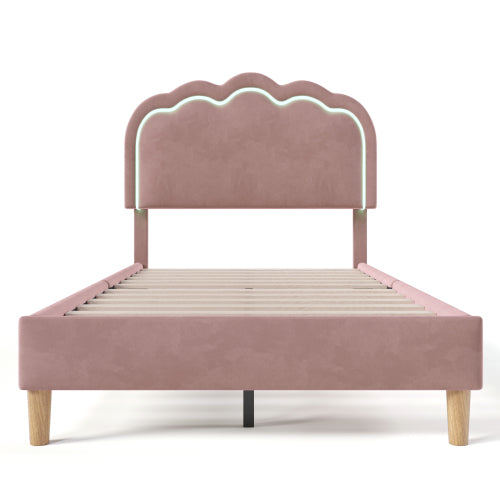 Pink Velvet Single Bed with LED, Adjustable Headboard, Slatted Frame, YouthGuest Room Bed Frame