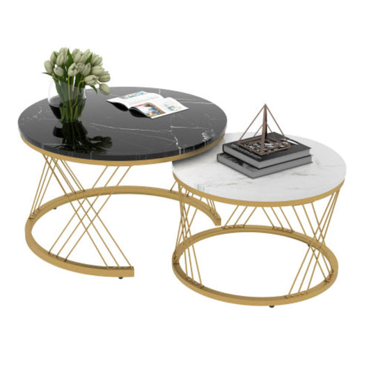 Golden Modern Nesting Coffee Tables,Marble Veneer, Round Set of 2
