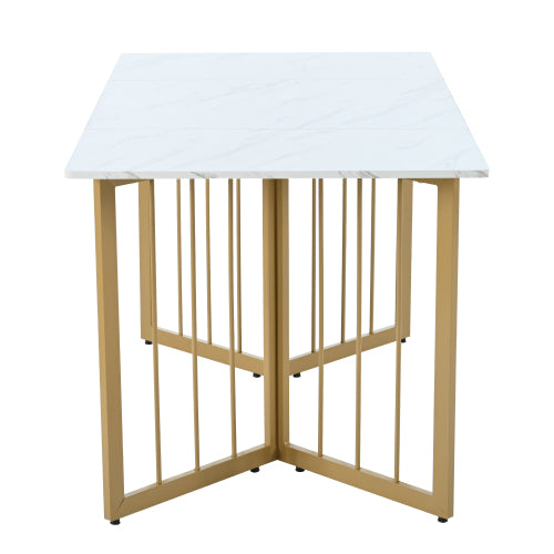 (p) Luxe Dining Table-White Marble Pattern, V-Shaped Metal Legs, Adjustable Feet, Golden Highlights