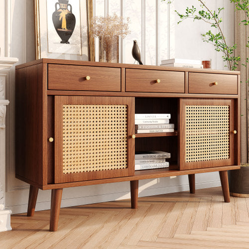 New Walnut Sideboard with 3 Drawers and 3 Rattan Sliding Doors, Gold Handles, Adjustable Shelves