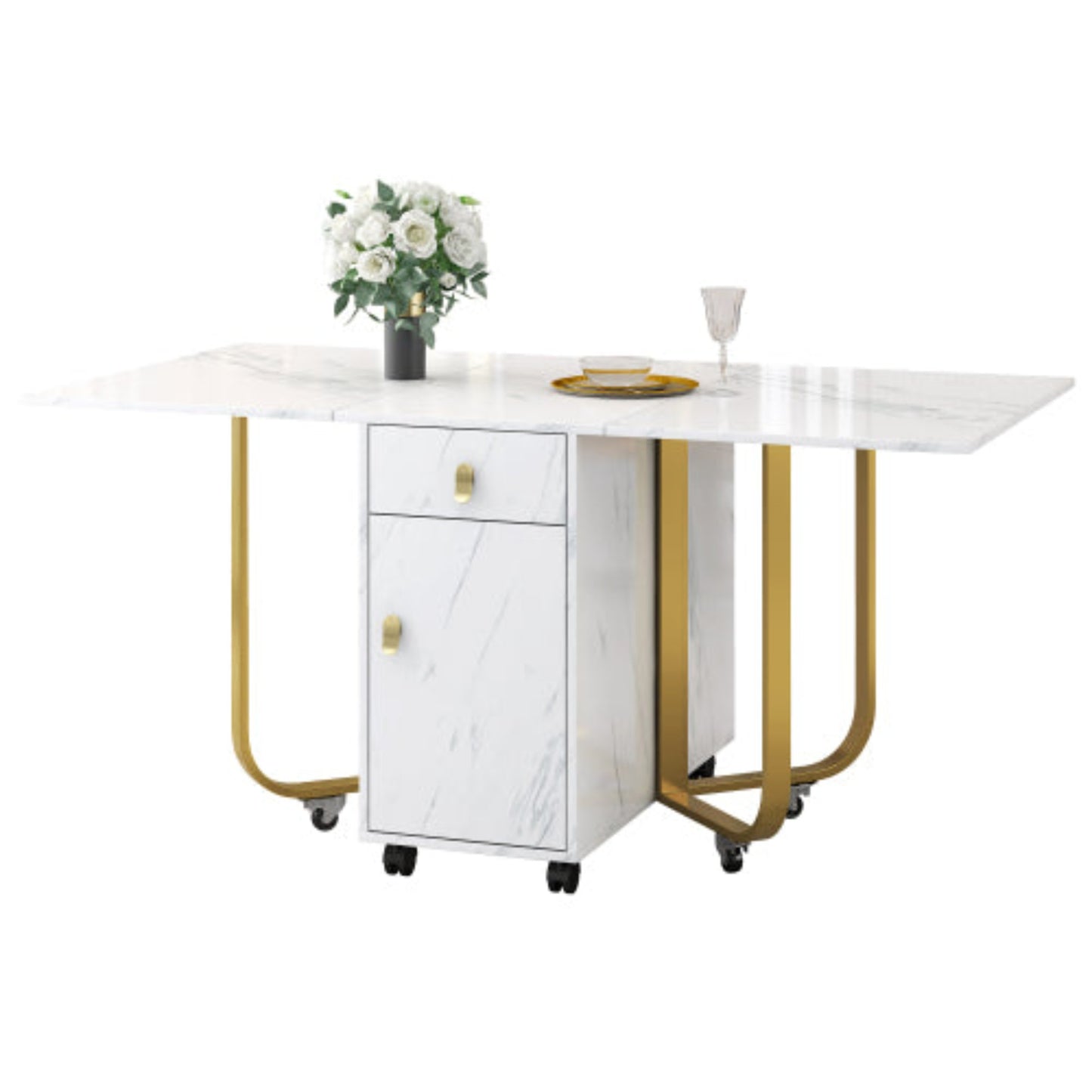 White-Gold Folding Dining Table-Cupboard, 2 Drawers, Space-Saving, 4 Legs