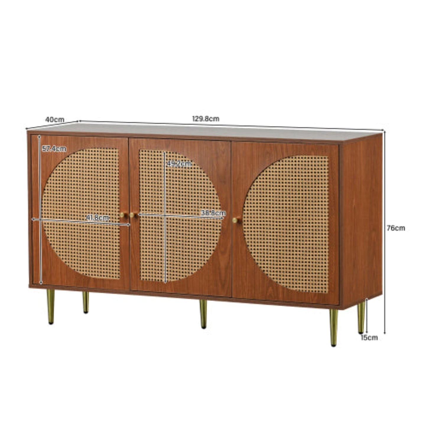 Walnut Sideboard,3 Rattan Doors, Metal Handles, Chest of Drawers,129.8x40x76cm