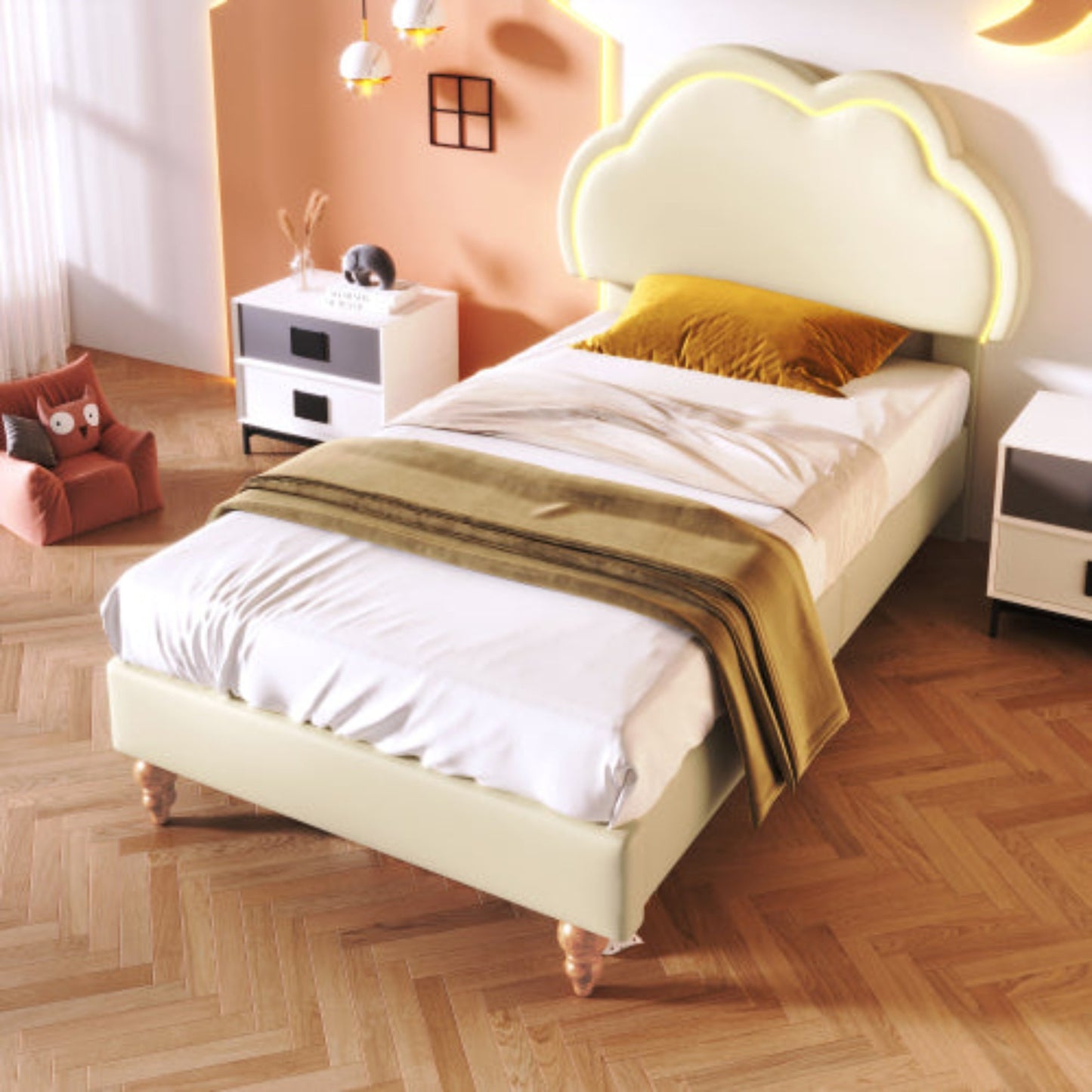 Cream PU Single Bed with LED, Upholstered Frame, Adjustable Cloud Headboard, Youth Bedroom-Guest Room