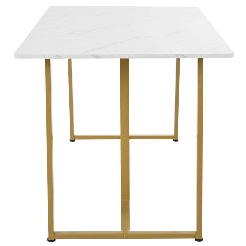 Modern Marble-Pattern Dining Table-Metal Frame, Adjustable Feet, White Golden for Dining Living Rooms