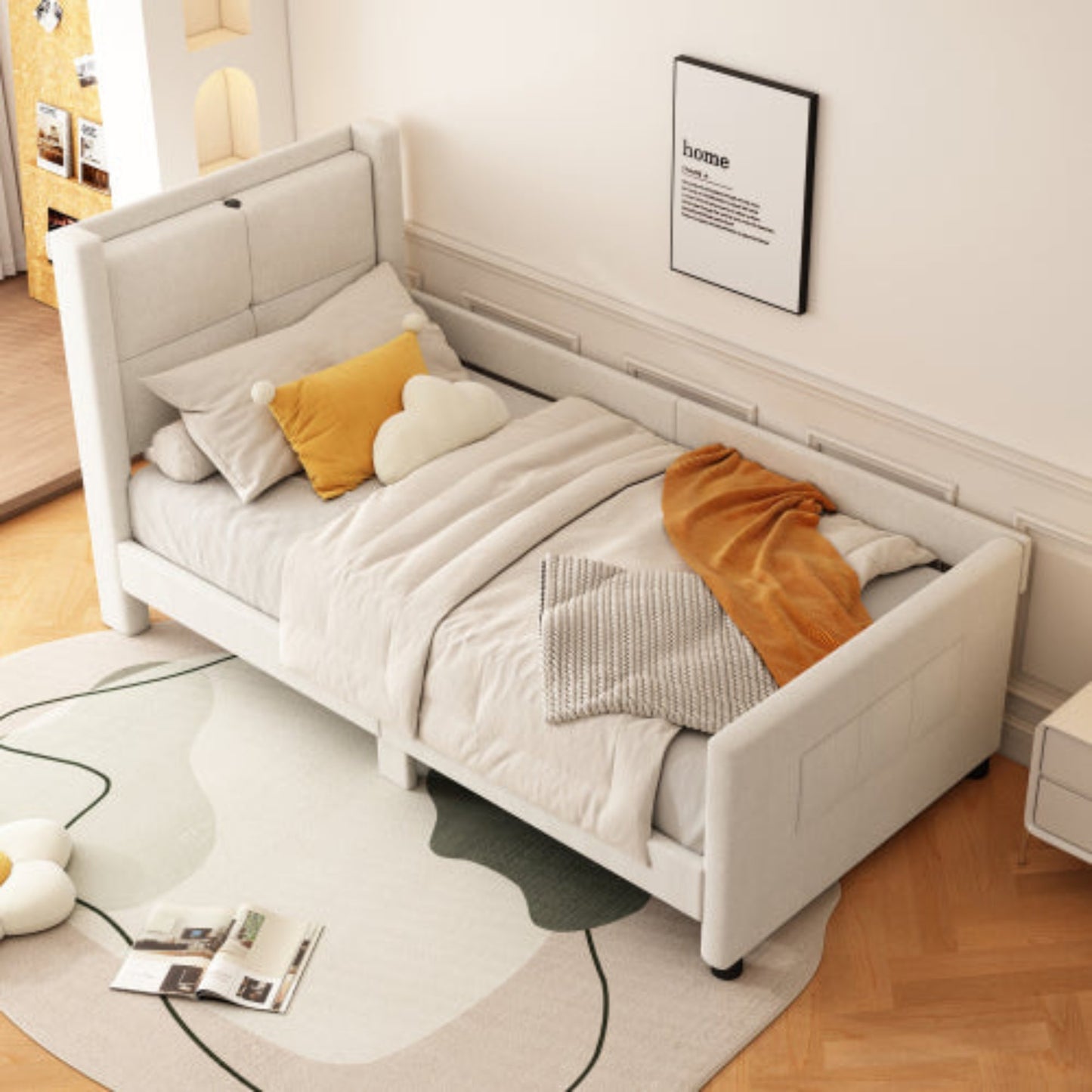 Beige Padded Bed-USB Port, Minimalist, 90x200cm Flat Platform Bed