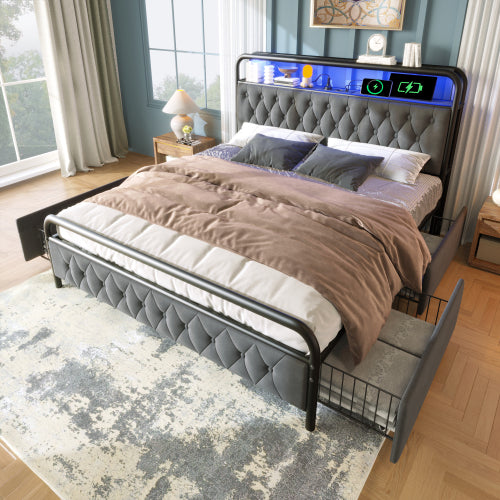 Modern Velvet Double Bed-USB Type C Charging, APP-Controlled LED, Metal Frame, 4 Drawers