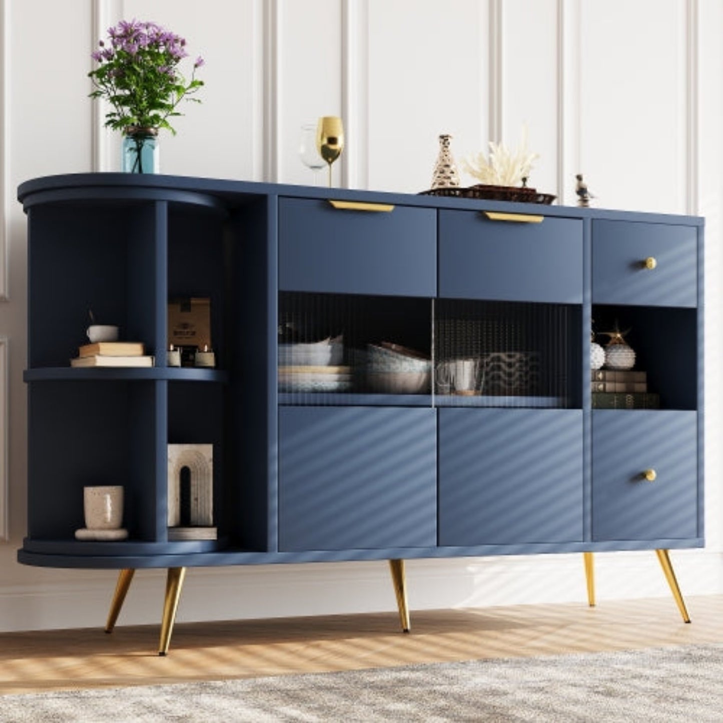 Blue LED-lit Wooden Sideboard with Sliding Glass Doors