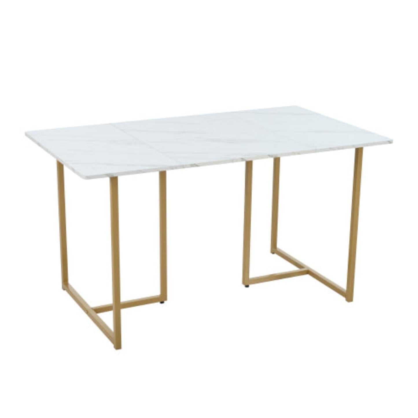 (p)Modern Dining Table- White Marble Pattern, L-Shaped Metal Legs, Adjustable Feet, Golden Accents