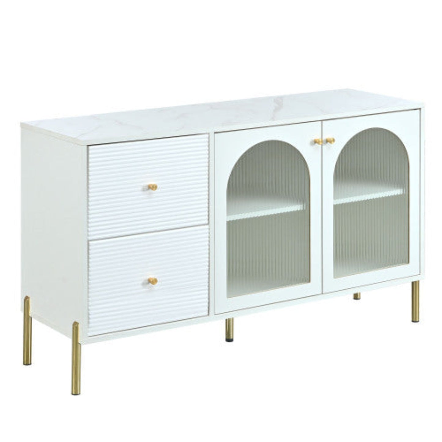 120cm White Gold Sideboard,Marble Top, Adjustable Shelves, 2 Doors, 2 Drawers, Glass Cabinet