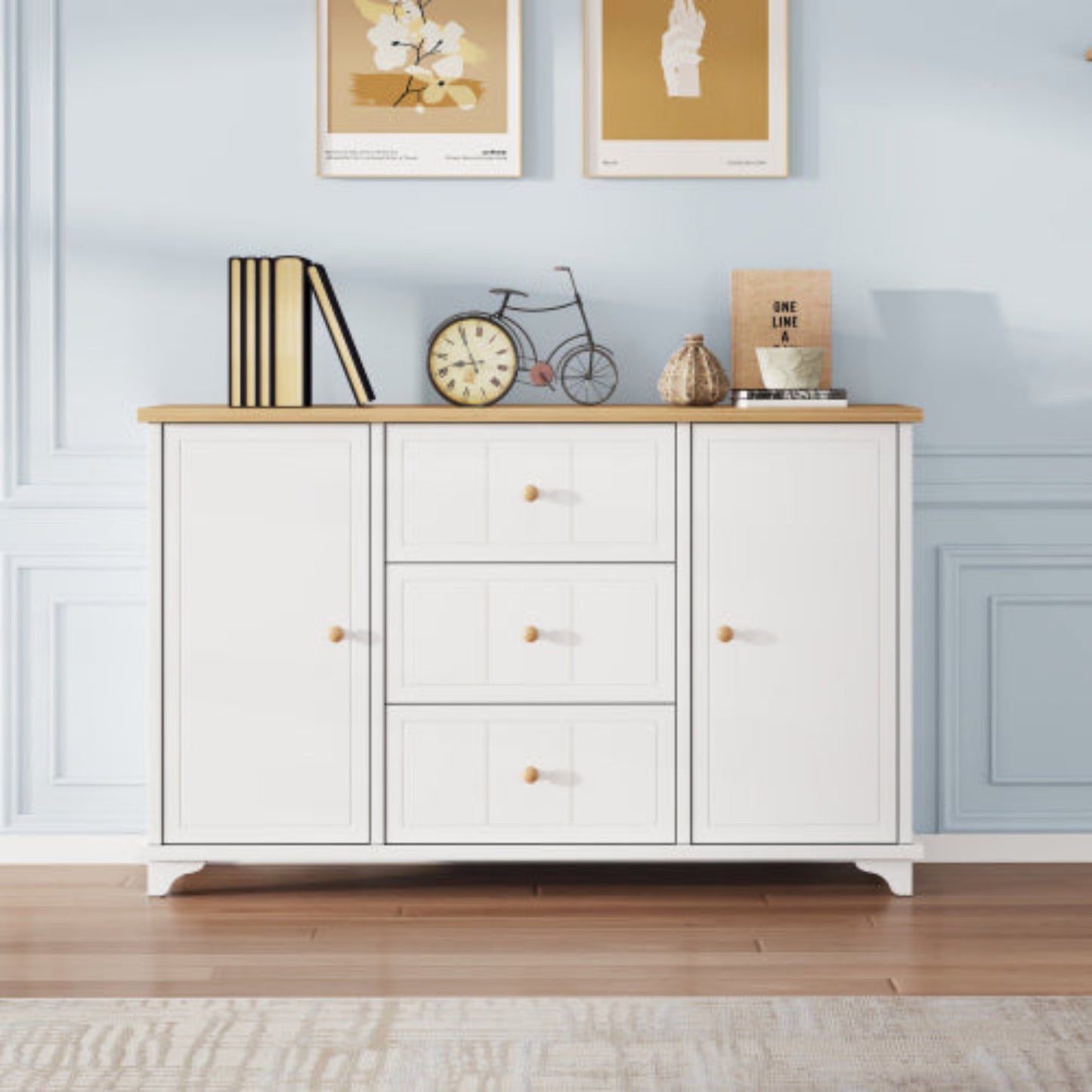 Classic Commode,3 Drawers, 2 Doors, Natural Handles, White,Natural Finish