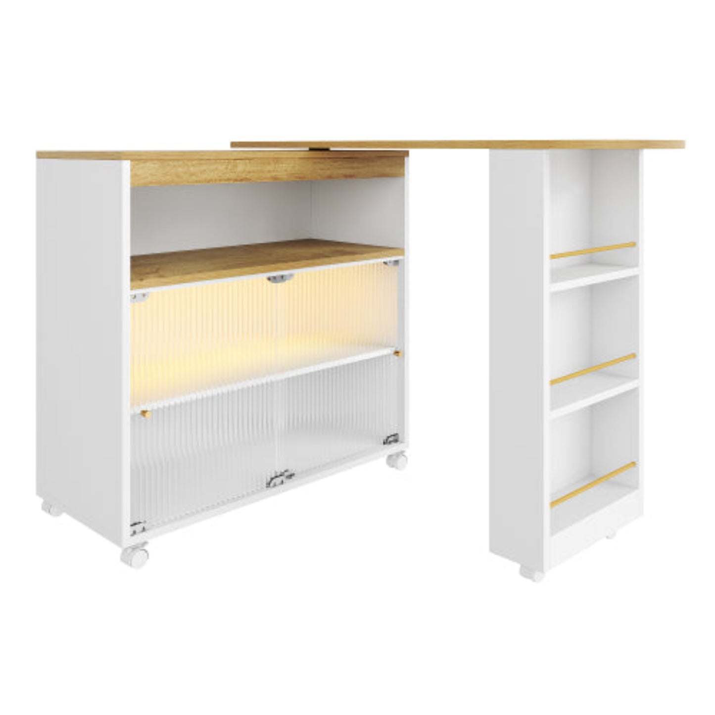 White Extendable Bar Table-Storage, LED, Telescopic, Modern 138-204x39x105cm