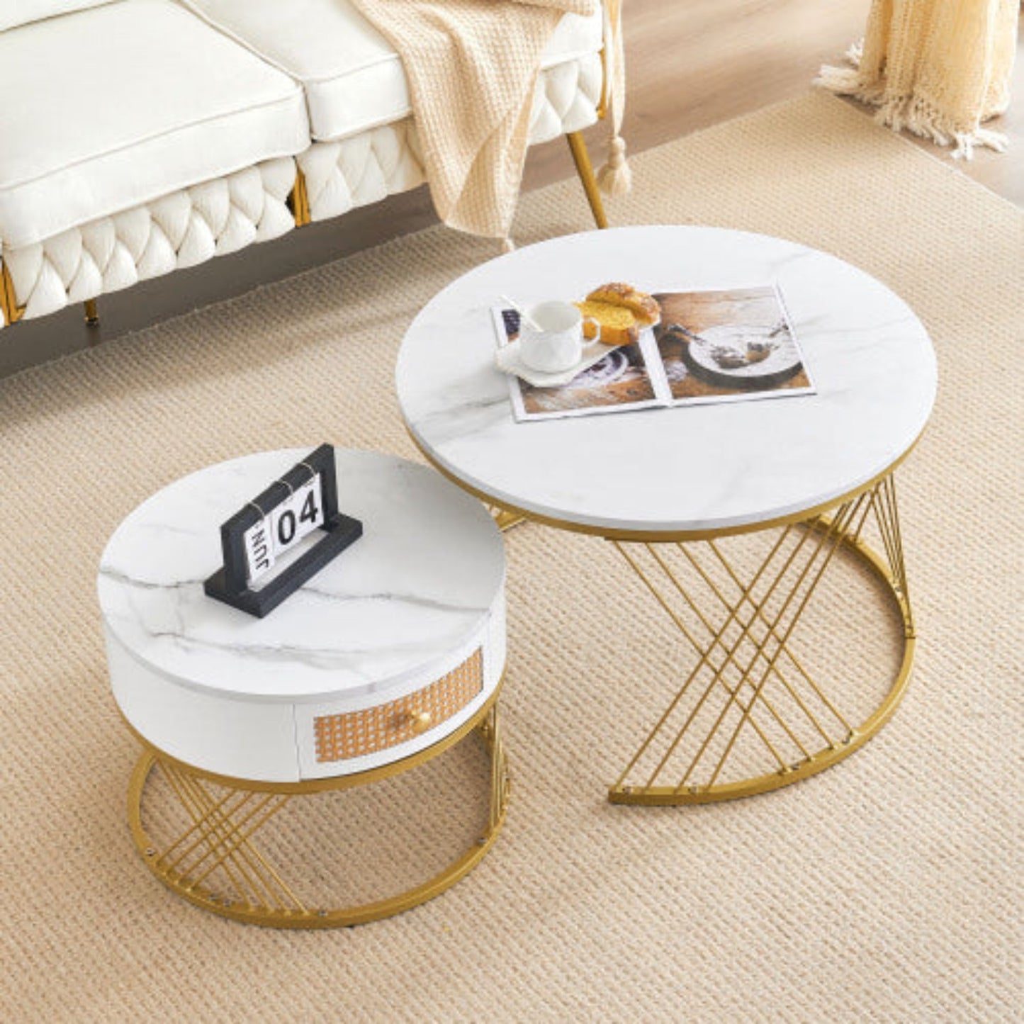 Elegant 2-Piece White Coffee Table Set- Marble Texture, Plastic Rattan Drawers, Gold Accents