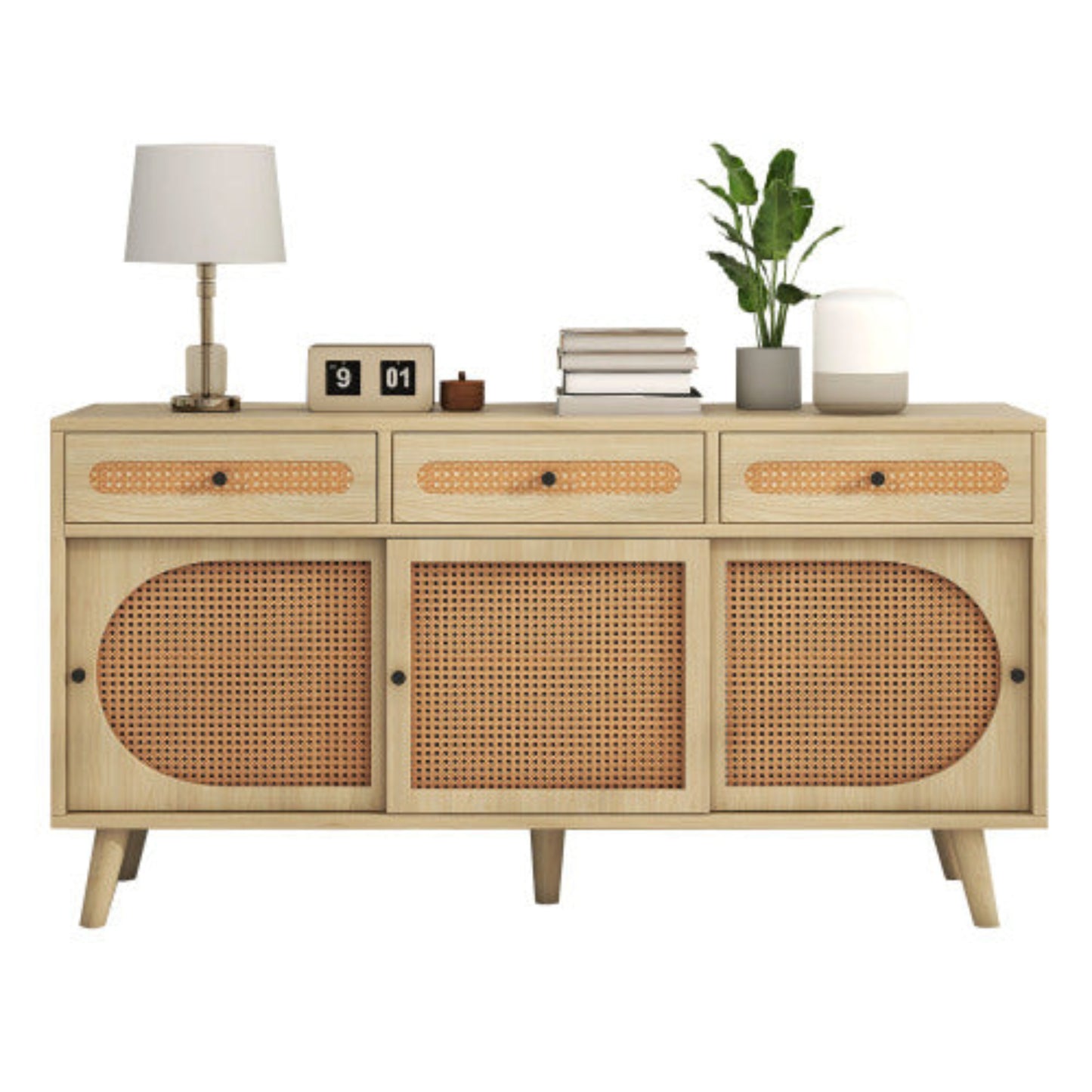 140cm Wooden Sideboard,PE Rattan Doors, Adjustable Shelves, 3 Drawers, Sliding Doors