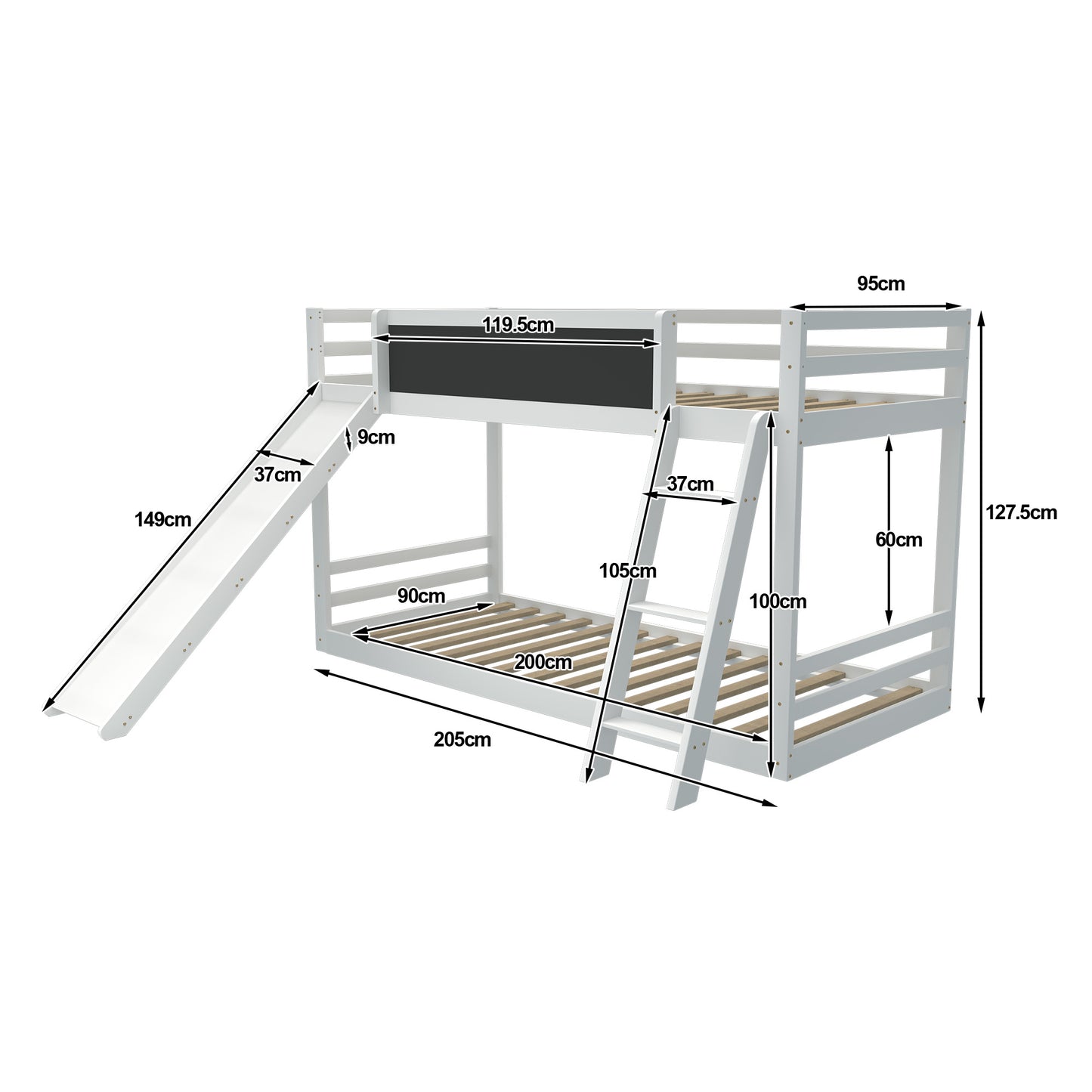 White Eco-Friendly Solid Wood Double Bed with Stairs and Slides (200x90cm)