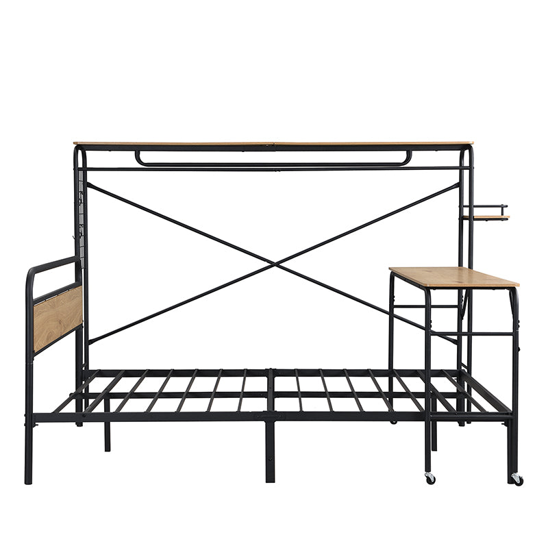 Black Metal Bed with Table, Vertical Coat Rack, and Storage - 140x200 cm