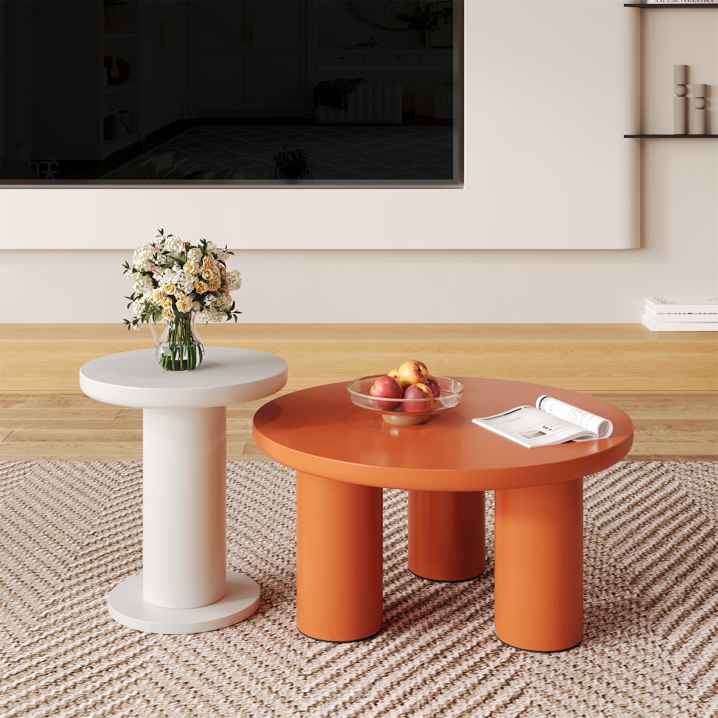 Stylish Round Coffee Table Set-White,Orange with Cream Accents