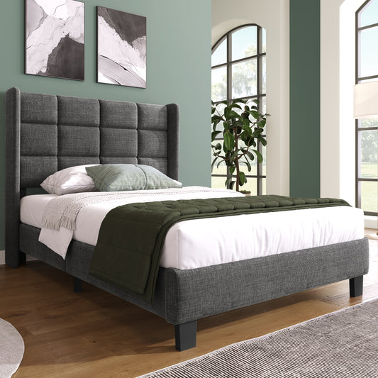 (Z)Modern Design Upholstered Bed - 90x200cm Grey Linen Single Bed with Headboard, Mattress Not Included