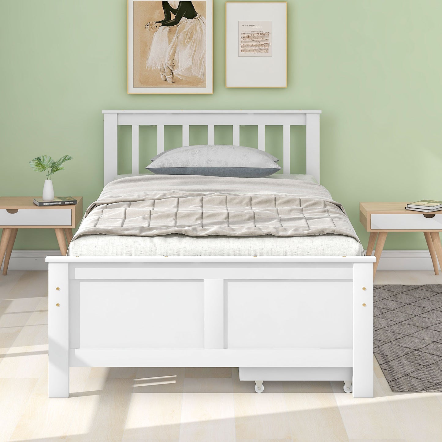 White Wooden Single Bed with Storage Drawers - Pinewood Frame-90x200cm