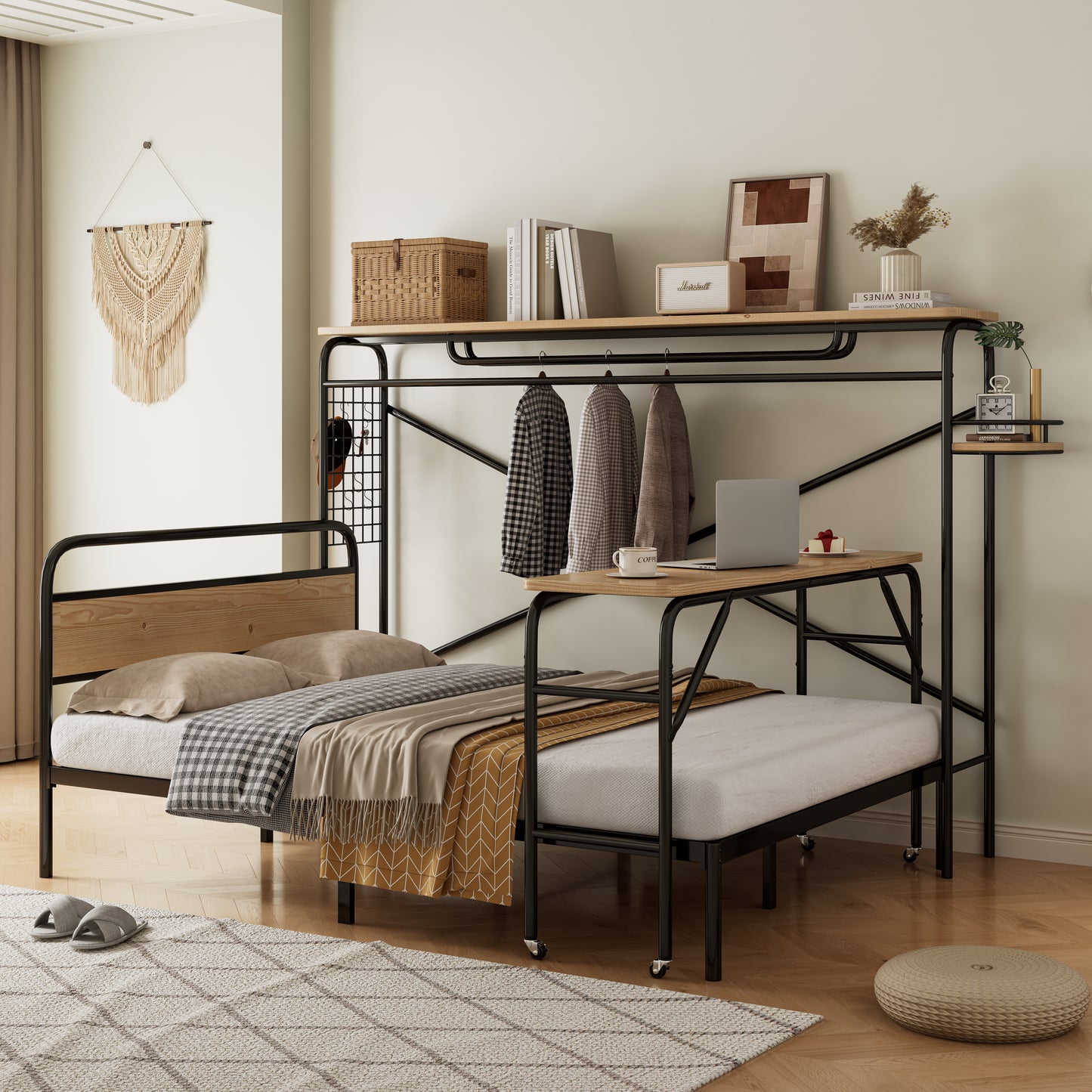 Black Metal Bed with Table, Vertical Coat Rack, and Storage - 140x200 cm