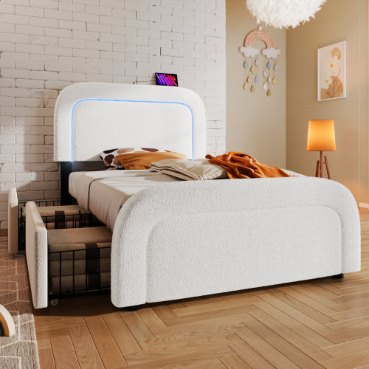 Sherp White Multifunctional Bed Frame-USB-C, LED Lights, Adjustable Headboard, Drawers