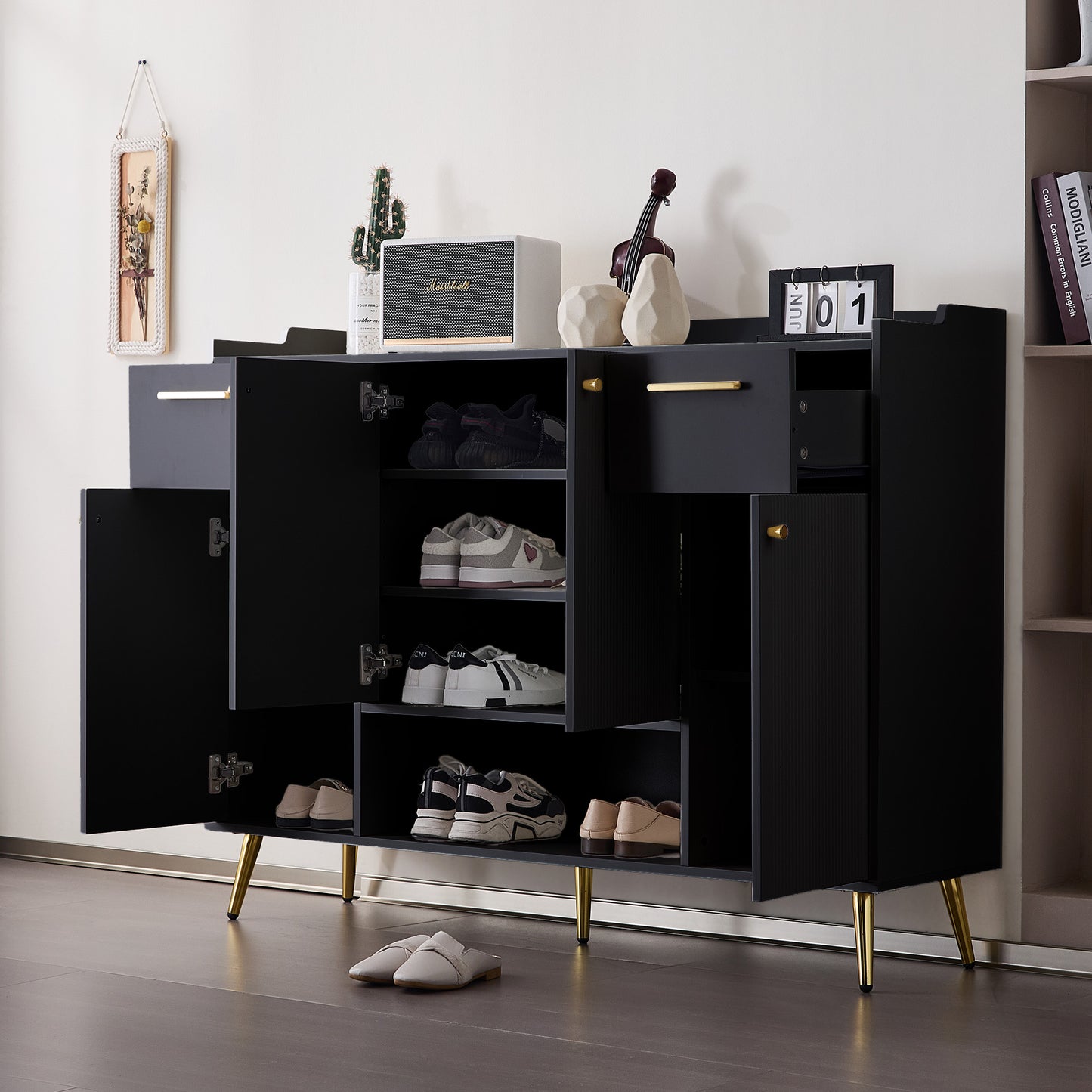 Black Shoe Cabinet with 2 Drawers, 4 Doors, Metal Feet