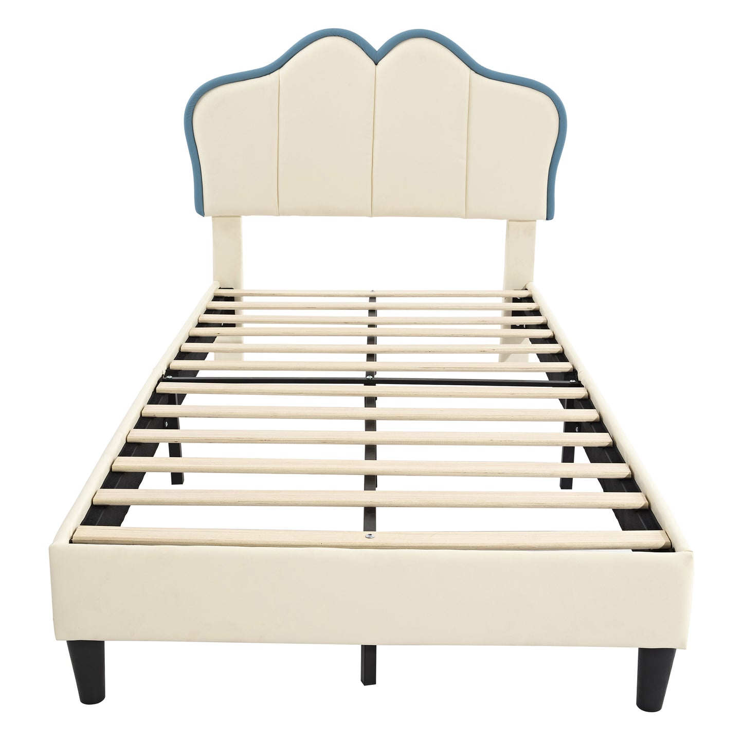 White-Blue PU Upholstered Children's Single Bed with Padded Headboard