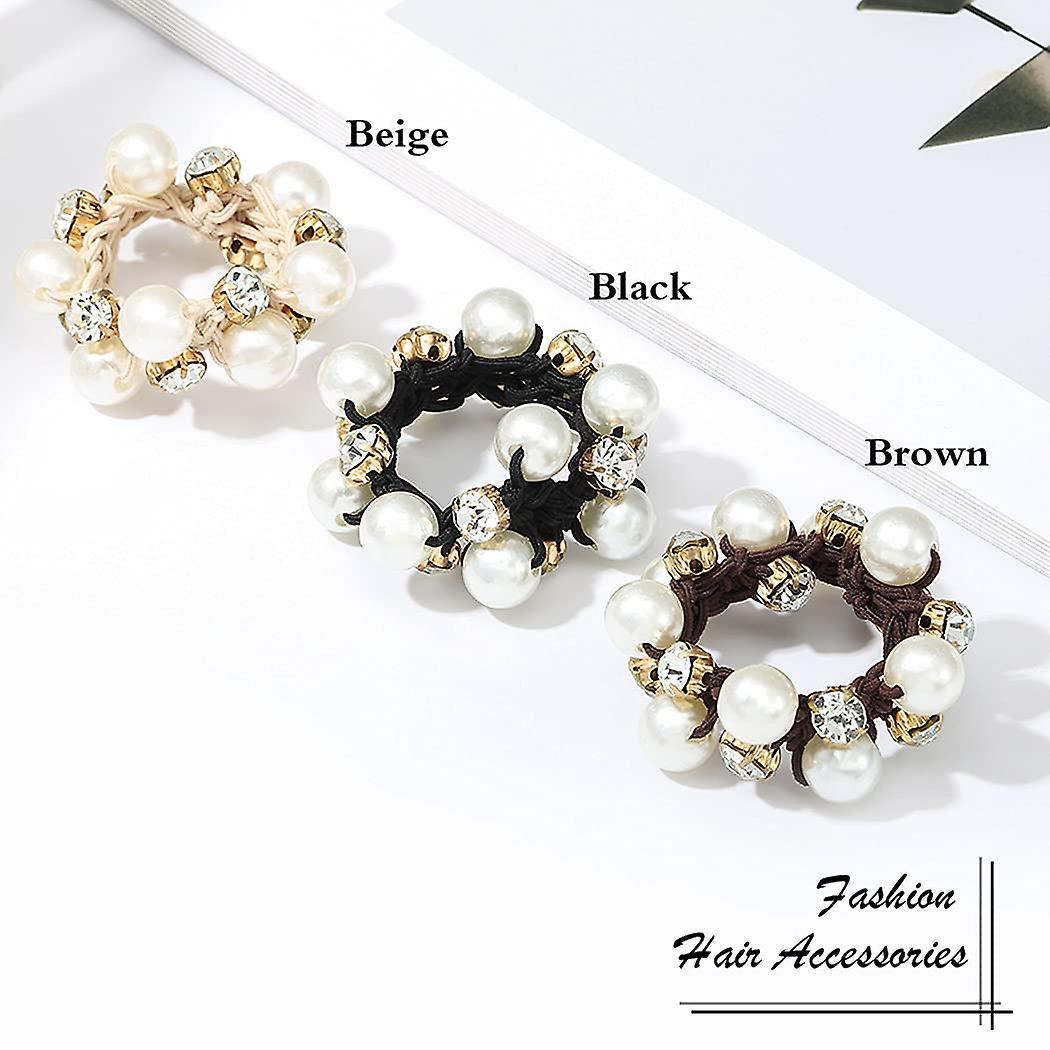 (Y)Hair Strap Black Elastic Hair Hoop Pearl Hair Strap Crystal Hair Rope Women and Girls Hair Accessories (3-Piece Set) Black, Coffee, Beige 5CM