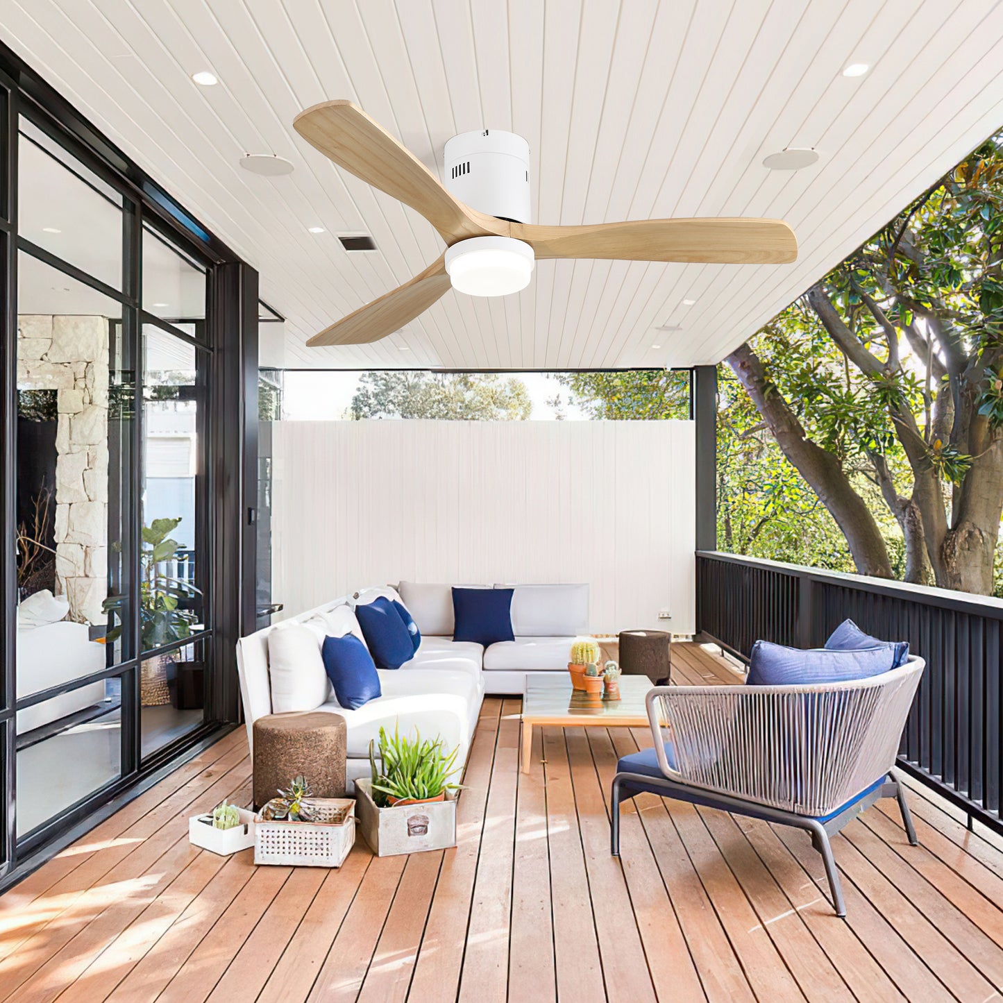 52" Decorative Ceiling Fan with 6-Speed Remote, White Solid Wood Blades & Reversible DC Motor for Living Room