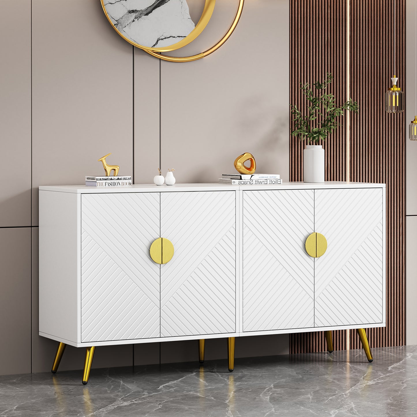 Luxurious White and Gold Side Cabinet with Bias Stripe - Versatile Storage Solution