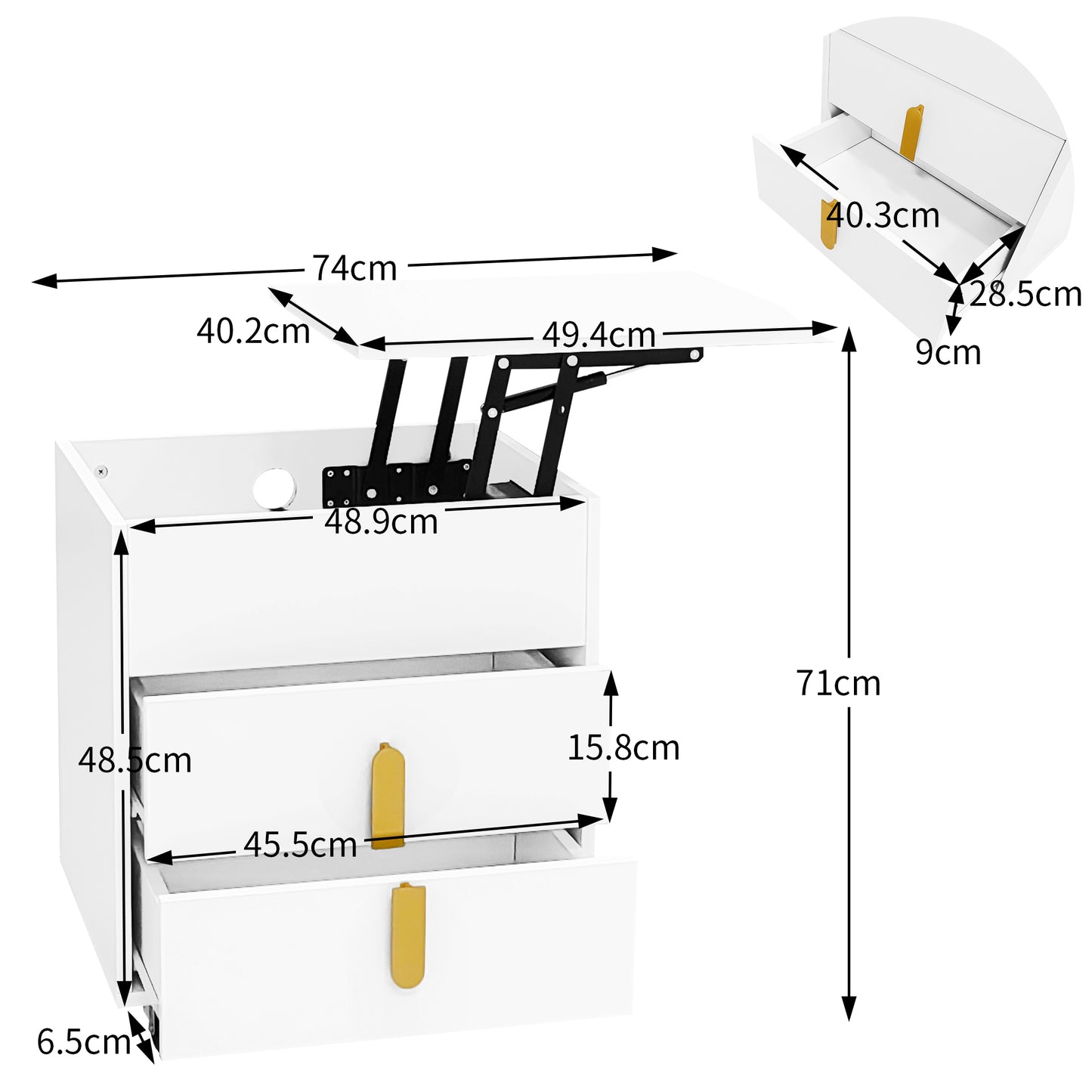 White Modern Bedside Table with USB Charging, Lifting Table, and Movable Pulley Design