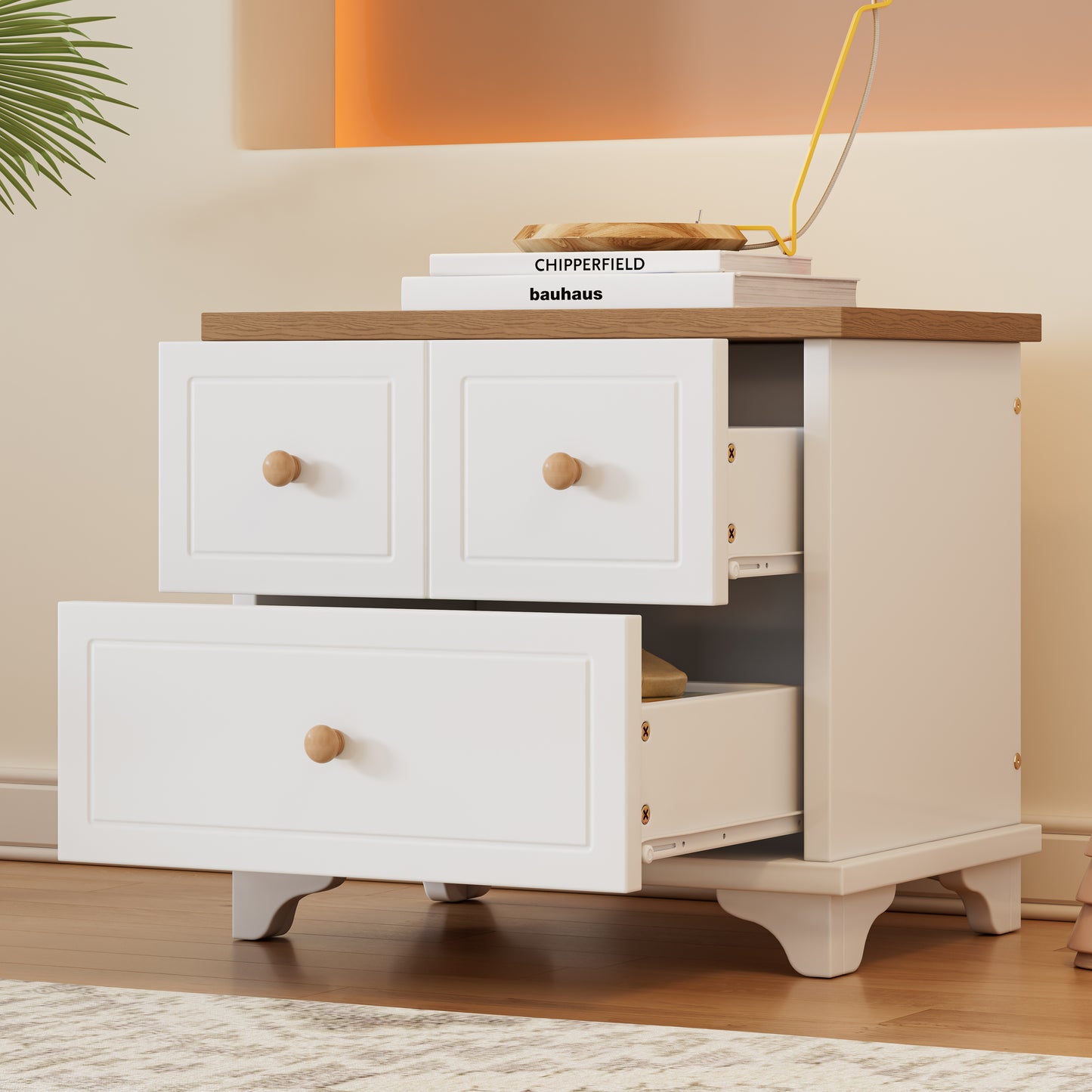 (Z)Modern minimalist bedside table with two drawers White natural wood grain