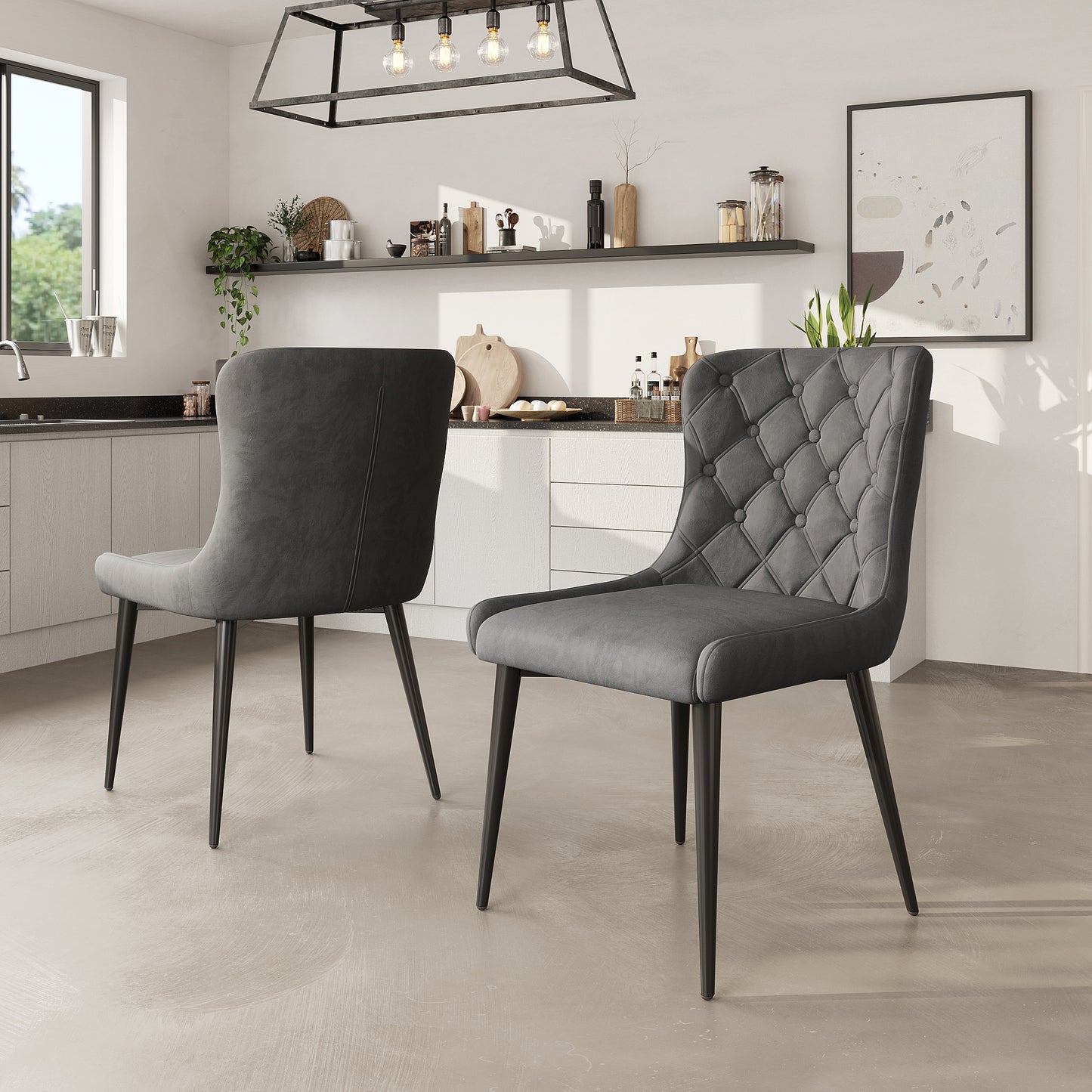 Dark Gray Velvet Dining Chairs-Upholstered, Metal Made, Ergonomic, Set of 2