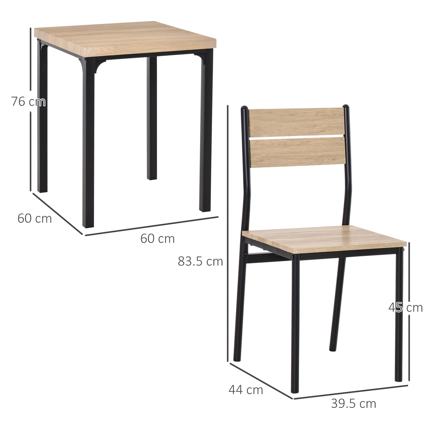 Dining Table Kitchen Table and Chair Set Natural Wood Grain + Black (Including 1 Table + 2 Chairs)