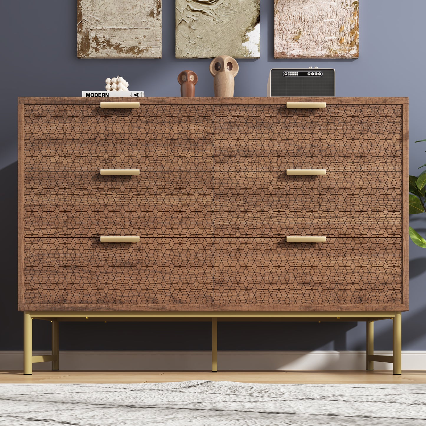 Walnut Embossed 6-Drawer Chest with Metal Handles