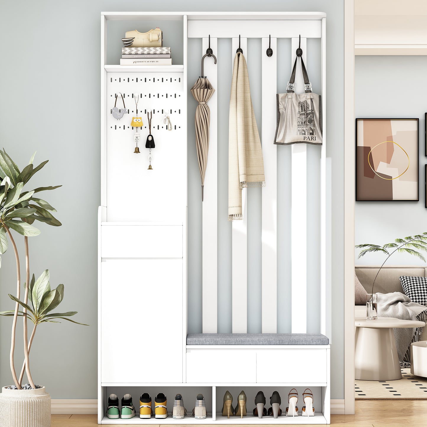 Modern White Hallway Furniture Set - Coat Rack, Shoe Cabinet, Padded Bench