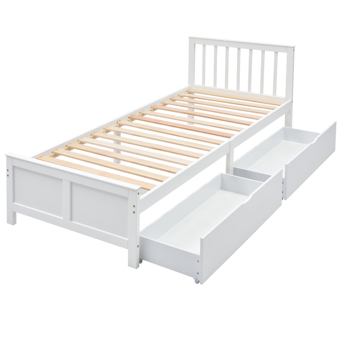 White Wooden Single Bed with Storage Drawers - Pinewood Frame-90x200cm