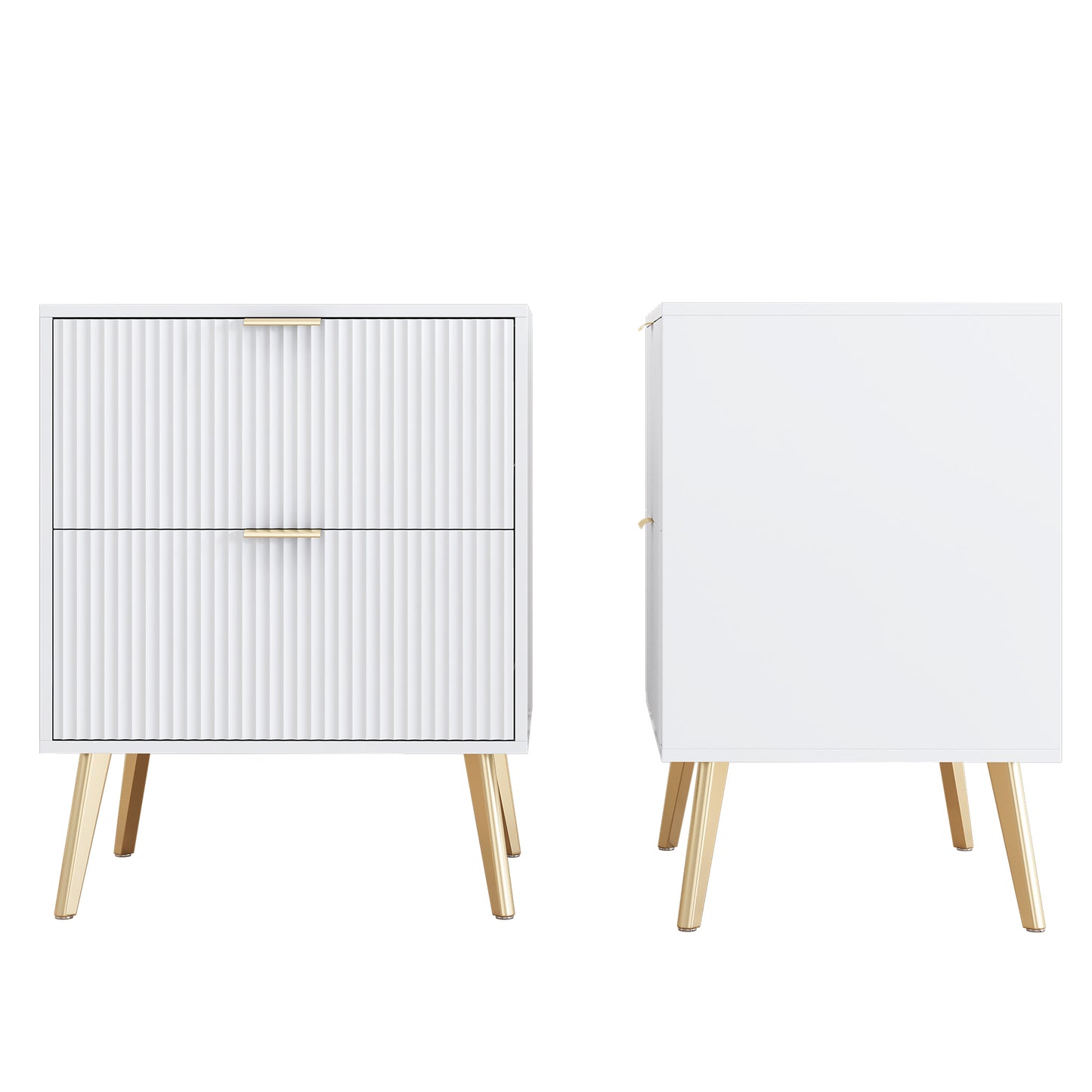 White Lacquered Double Drawer Bedside Table with Gold-Plated Feet and Knobs