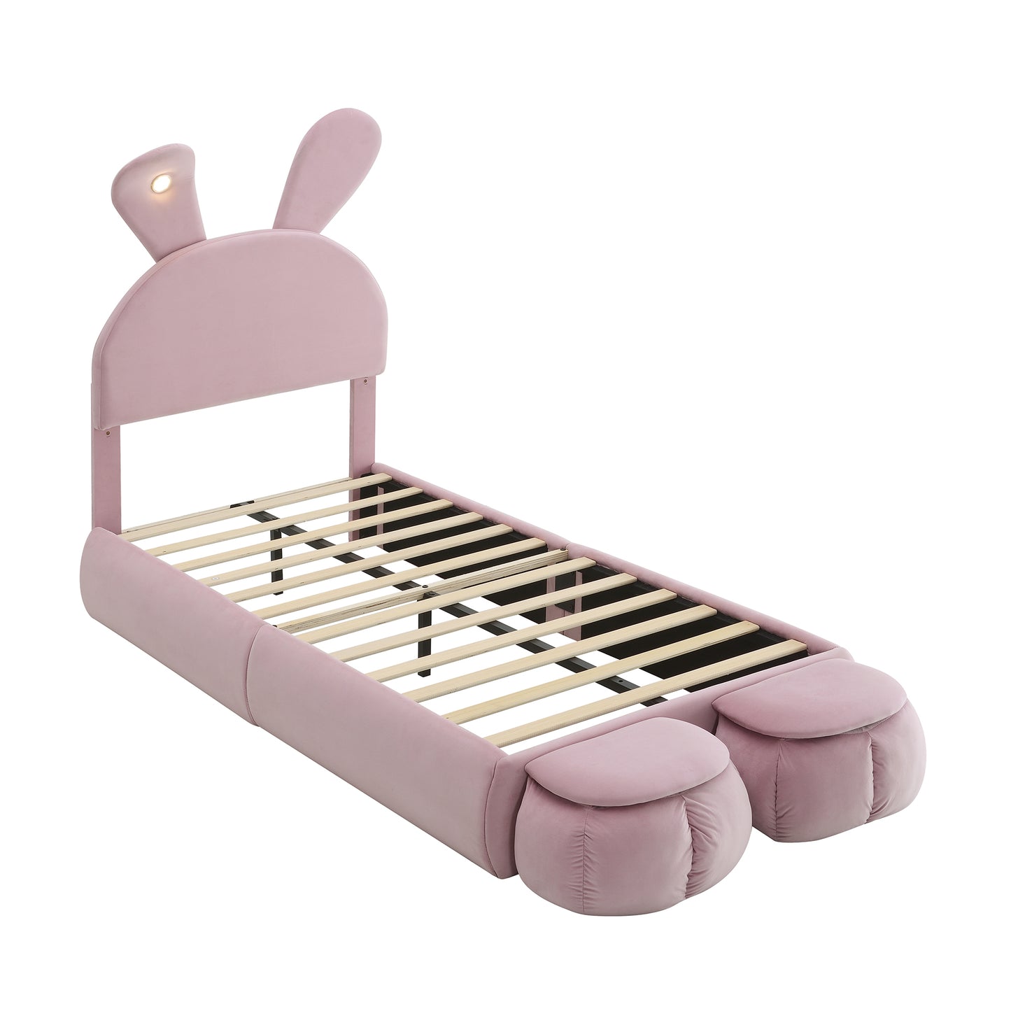 (Z)Upholstered bed Single bed Bunny Ears With Adjustable Brightness Warm-Coloured Light Strips With Two Storage Stools Children's Bed With Wooden Slats Velvet Pink 90x200CM