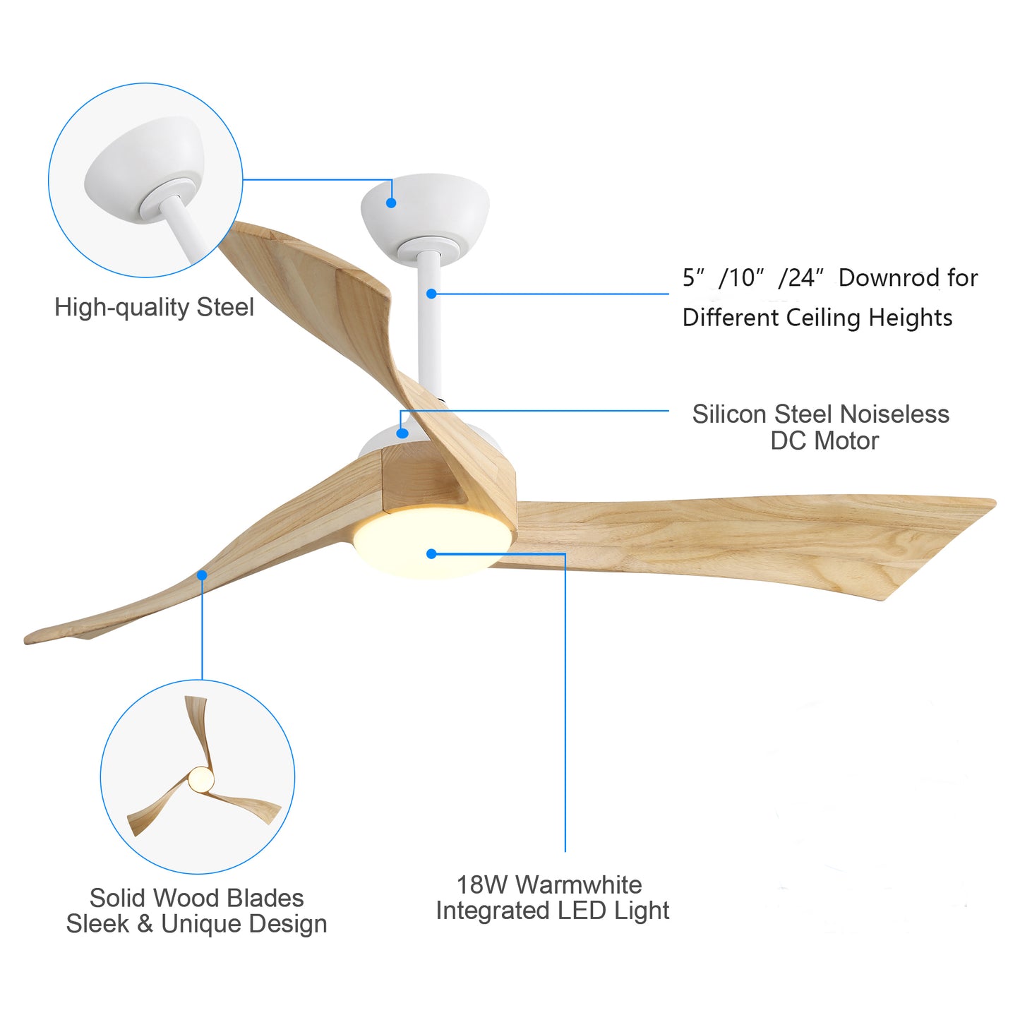 52" Minimalist Ceiling Fan with Light, 6-Speed Remote Control, Energy-Saving DC Motor