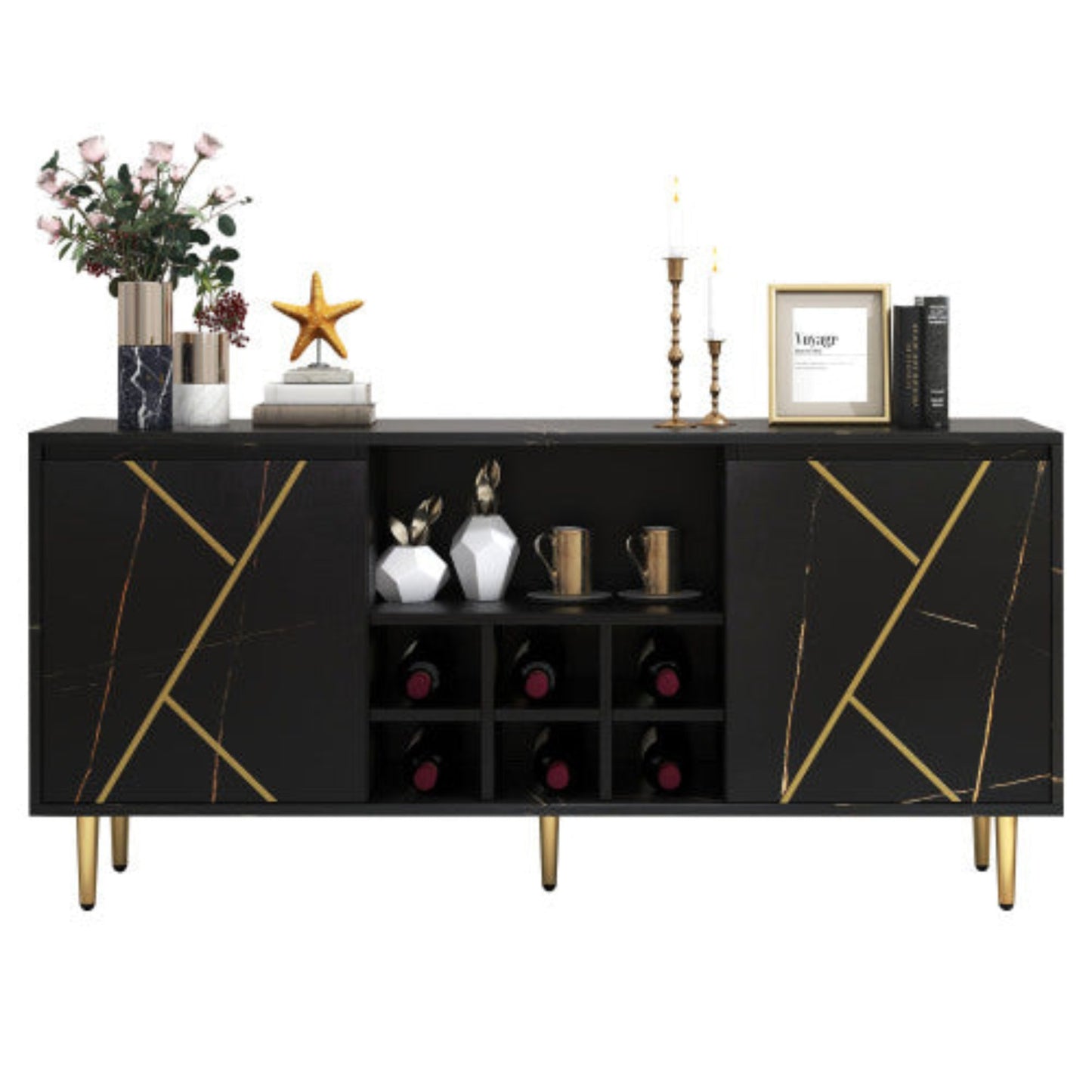 BlackGold Side Cabinet,Wine Rack, Elegant Design, 148x40x70cm