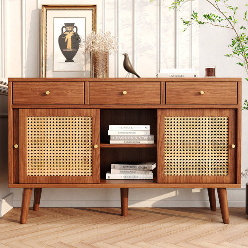 New Walnut Sideboard with 3 Drawers and 3 Rattan Sliding Doors, Gold Handles, Adjustable Shelves