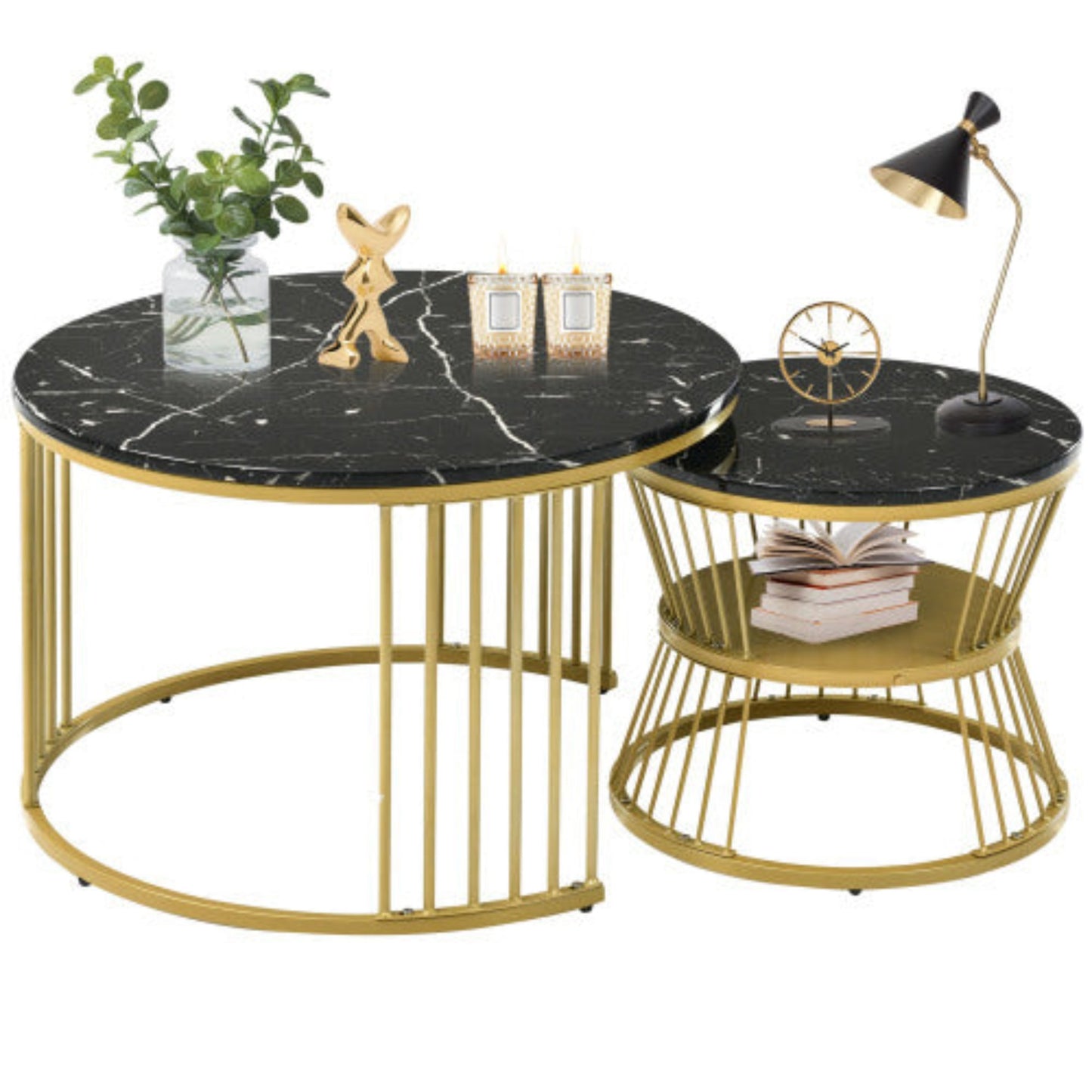 Modern Nesting Coffee Tables- Marble Veneer, BlackGolden Frame, Round Side Tables-Set of 2