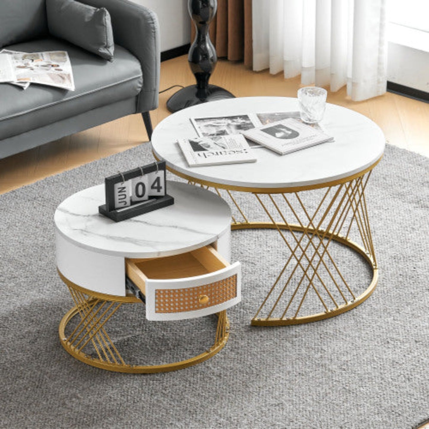 Elegant 2-Piece White Coffee Table Set- Marble Texture, Plastic Rattan Drawers, Gold Accents