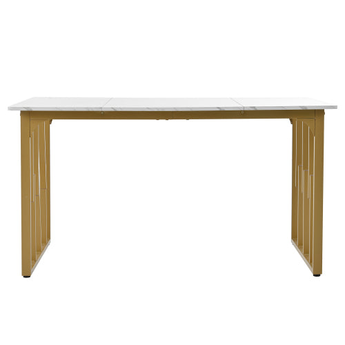 Modern Marble-Pattern Dining Table-Unique Metal Frame, Adjustable Feet, White Golden for Living Dining Rooms