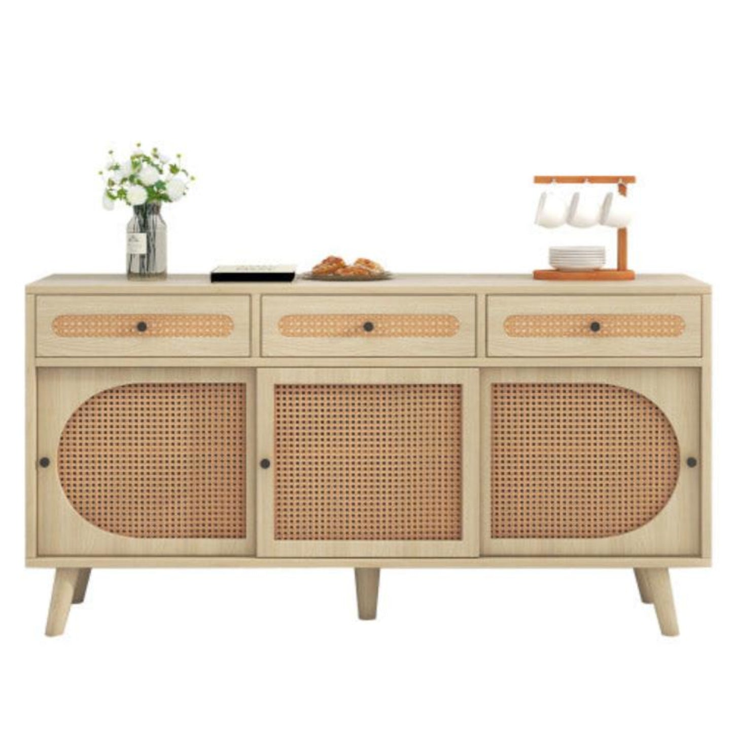 140cm Wooden Sideboard,PE Rattan Doors, Adjustable Shelves, 3 Drawers, Sliding Doors