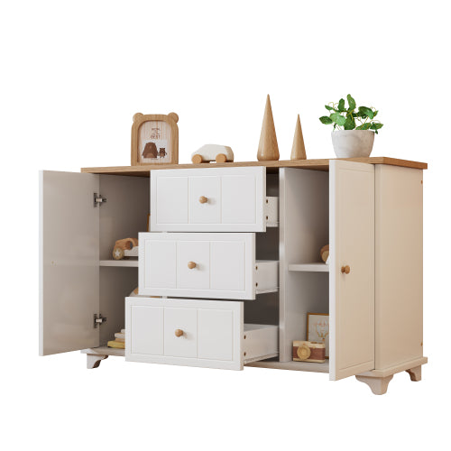 Classic Commode,3 Drawers, 2 Doors, Natural Handles, White,Natural Finish